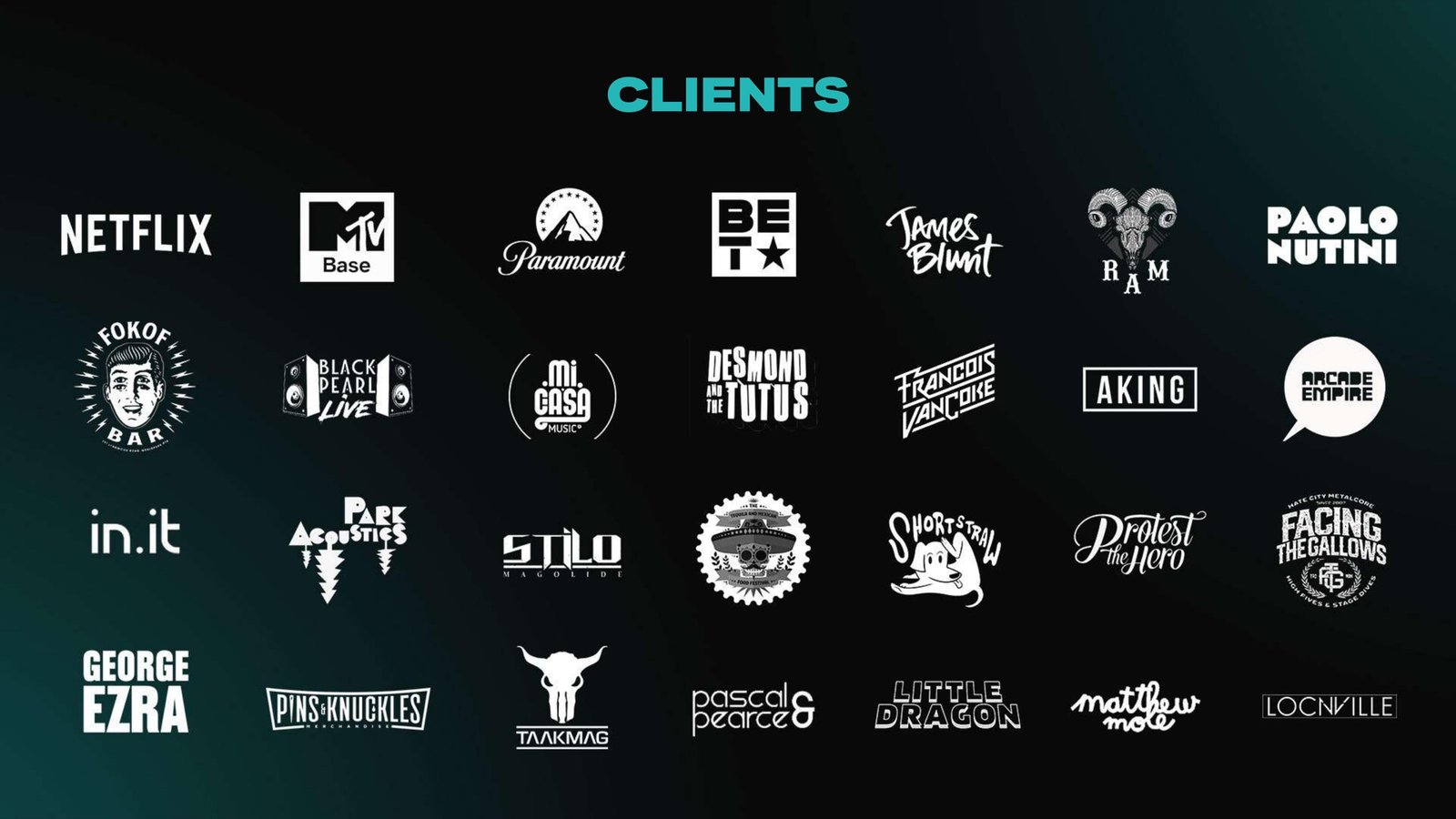 Client logo board from Simeon Ferreira portfolio